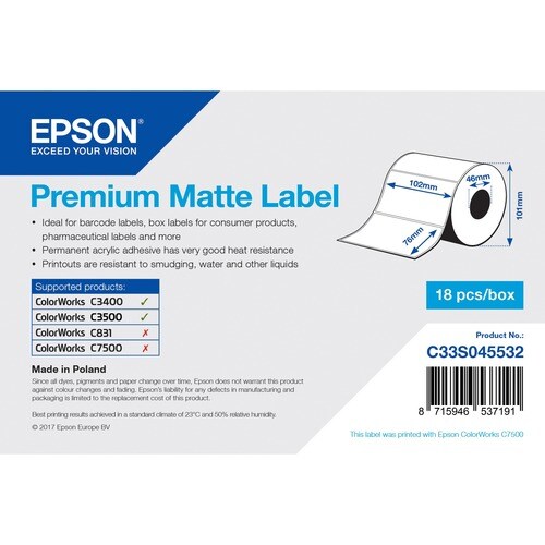 Etiqueta multipropósita Epson Premium - 102 mm Width x 35 m Longitud - Permanente Adhesivo - Rectángulo - Tinta - Blanco i