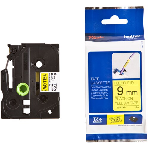 Brother TZe-FX621 Wire & Cable Label - 9 mm Width x 8 m Length - Thermal Transfer, Direct Thermal - Yellow - Plastic - 1 R