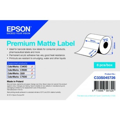 Epson Premium Multipurpose Label - 76 mm Width x 127 mm Length - Permanent Adhesive - Rectangle - Inkjet - Matte - White -