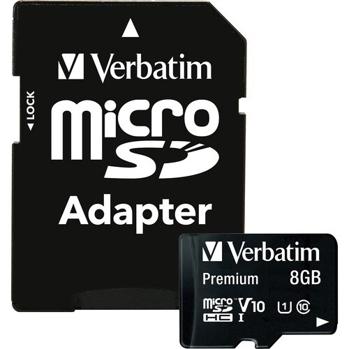 Verbatim 8GB Premium microSDHC Memory Card with Adapter, UHS-I V10 U1 Class 10 - 30 MB/s Read - 10 MB/s Write - Lifetime W