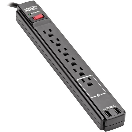 Tripp Lite Surge Protector Power Strip 6 Outlet 2 USB Ports 6 ' Cord Black - 6 x NEMA 5-15R, 2 x USB - 1875 VA - 990 J - 1