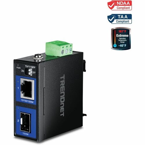 TRENDnet TI-F11SFP Transceiver/Media Converter - New - TAA Compliant - 1 Port(s) - 1 x Network (RJ-45) - Optical Fiber, Tw