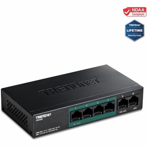 TRENDnet 6-Port Fast Ethernet PoE+ Switch, 4 x Fast Ethernet PoE Ports, 2 x Fast Ethernet Ports, 60W PoE Budget, 1.2 Gbps 