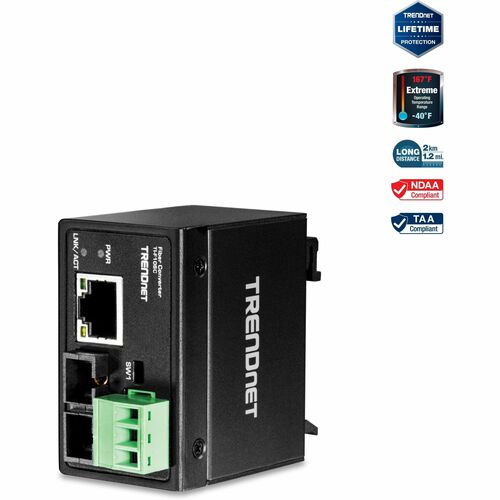 TRENDnet Hardened Industrial 100Base-FX Multi-Mode SC Fiber Converter; (2km; 1.2 Miles); IP40 Rated Housing; TI-F10SC - Ha