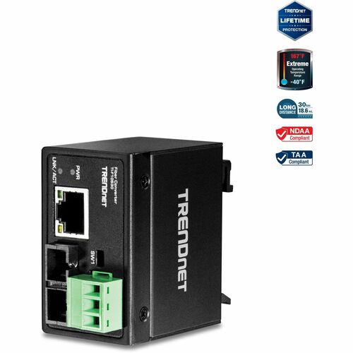 TRENDnet Hardened Industrial 100Base-FX Single-Mode SC Fiber Converter; (30 km; 18.6 Miles); IP40 Rated Housing; TI-F10S30