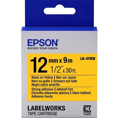 Epson LabelWorks Strong Adhesive LK Tape Cartridge ~1/2" Black on Yellow - 1/2" - Thermal Transfer - Yellow
