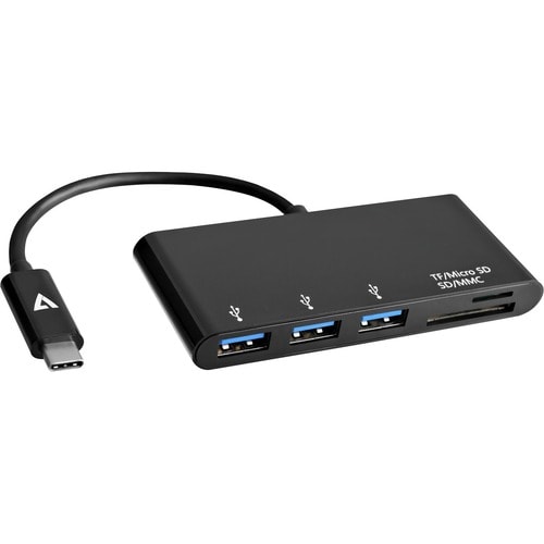 V7 V7UC3U-HUB-BLK-1E USB Hub/FlashCard Reader - USB Type C - 5 GB/s - External - Black - 3 Total USB Port(s) - 3 USB 3.0 P