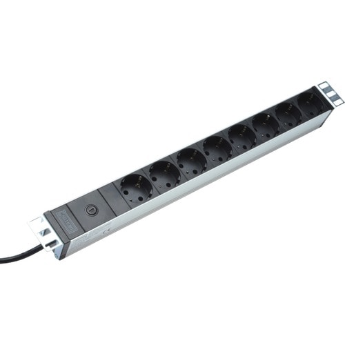 Digitus aluminum outlet strip with pre-fuse, 8 safety outlets, 2 m supply IEC C14 plug. Cable length: 2 m, AC outlet types