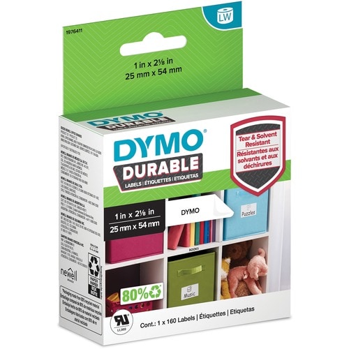 Dymo LabelWriter Labels - 1" Width x 2 1/8" Length - Permanent Adhesive - Thermal Transfer - White - Plastic, Polypropylen