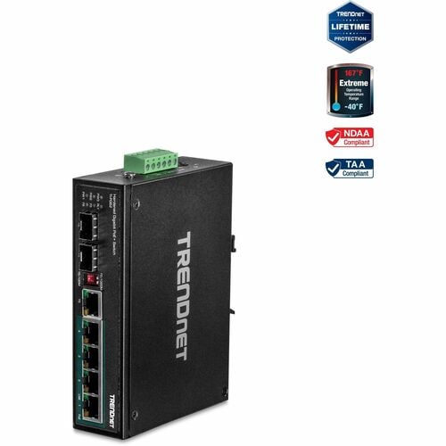 TRENDnet 6-Port Hardened Industrial Gigabit PoE+ DIN-Rail Switch, 4 x Gigabit PoE+ Ports, Shared Gigabit Port (RJ-45/SFP),