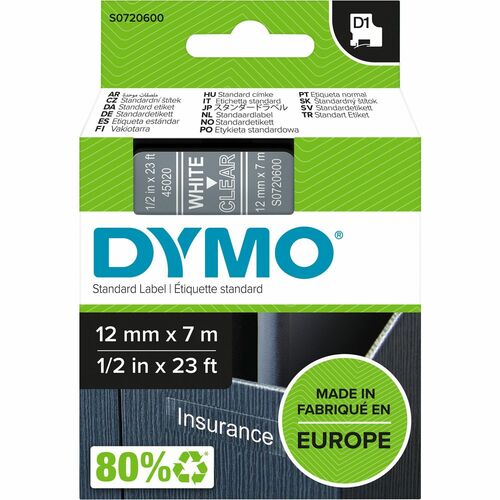 Mehrzwecketikett Dymo 45020 - 12 mm Breite - Rechteck - Thermotransfer - Glänzend - Transparent, Weiß