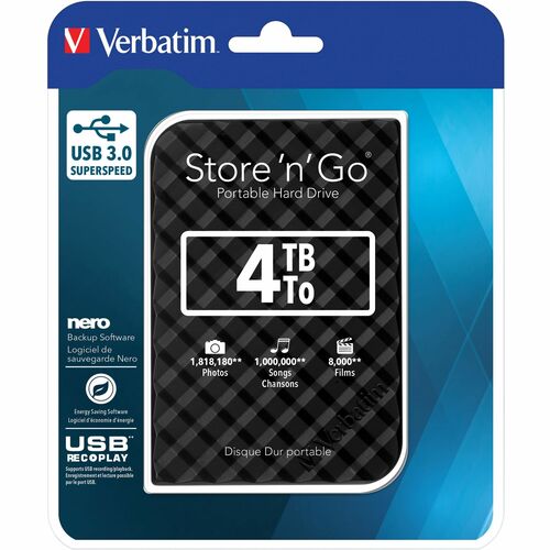 Verbatim Store 'n' Go 4 TB Portable Hard Drive - External - Diamond Black - USB 3.0 - 5400rpm - 1 Each