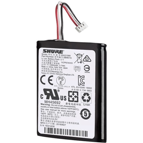 Shure Rechargeable Lithium-Ion Battery - For Transmitter - Battery Rechargeable - 1000 mAh - 3.70 Wh - 3.7 V DC - 1