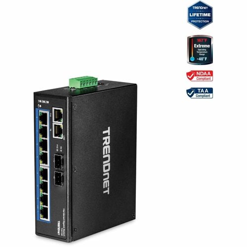 TRENDnet 10-Port Hardened Industrial Gigabit DIN-Rail Switch, 20Gbps Switching Capacity, DIN-Rail And Wall Mounts Included