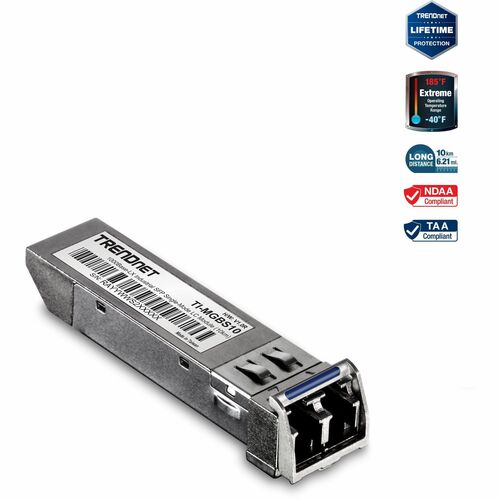 TRENDnet SFP to RJ45 Industrial Single-Mode LC Module (10km); TI-MGBS10; 1000Base-LX Industrial SFP; Compliant with IEEE 8
