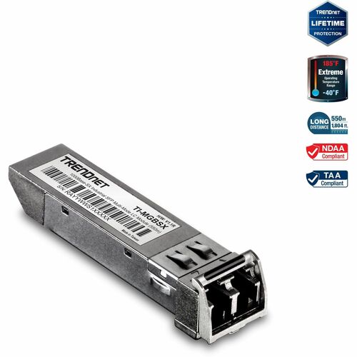 TRENDnet 1000Base- SX Industrial SFP to RJ45 Multi-Mode LC Module; TI-MGBSX; Up to 550m (1;804 Ft); IEE 802.3z; ANSI Fiber