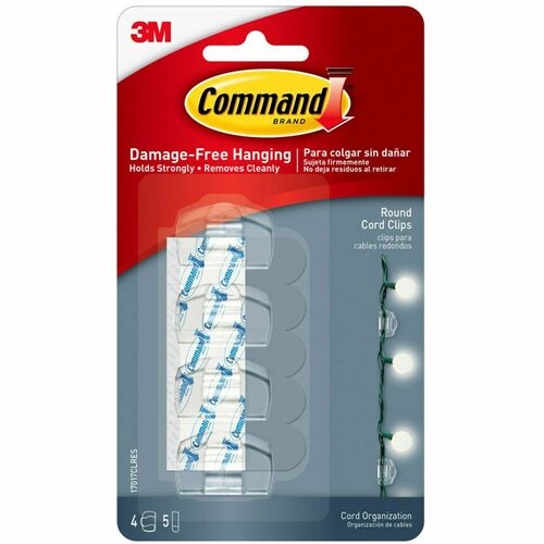 Command Round Cord Clips with Clear Strips - Cord Clip - Clear - 4 / Pack