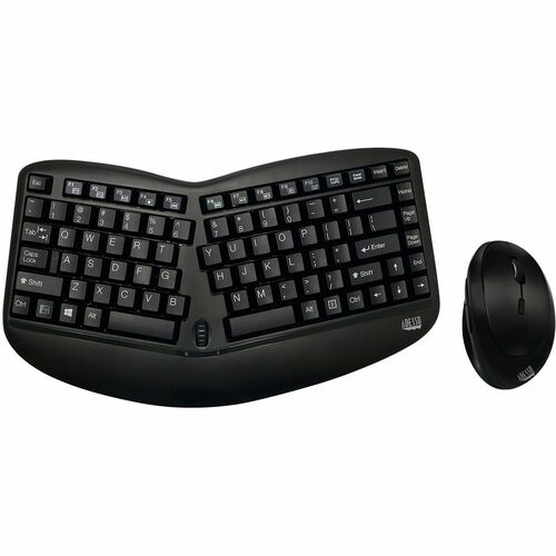 Adesso Tru-Form Wireless Ergo Mini Keyboard & Mouse - USB Membrane Wireless RF Keyboard - 87 Key - English (US) - Black - 