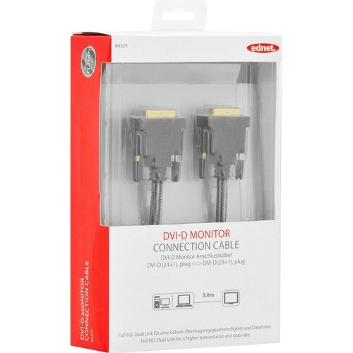 Ednet 3 m DVI Video Cable for Video Device, Monitor, TV, Projector, Notebook - 1 - First End: 1 x 25-pin DVI-D (Dual-Link)