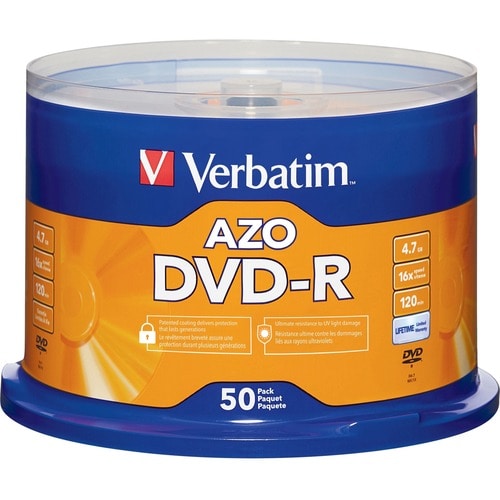 Verbatim AZO DVD-R 4.7GB 16X with Branded Surface - 50pk Spindle - 2 Hour Maximum Recording Time