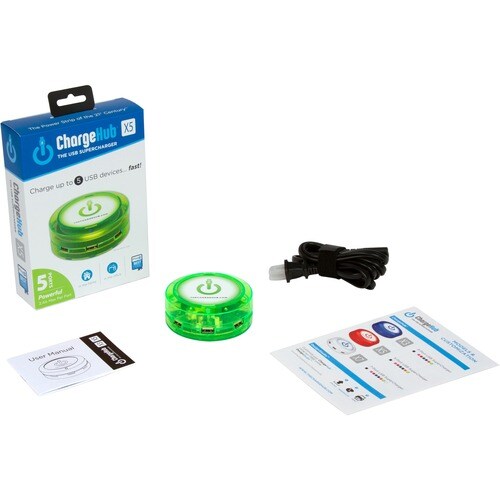 ChargeHub X5 - 5 Port USB Charger - 1 Pack - 120 V AC, 230 V AC Input - 5 V DC/8 A Output GREEN 2.4AMPS/PORT 8AMPS OVERALL