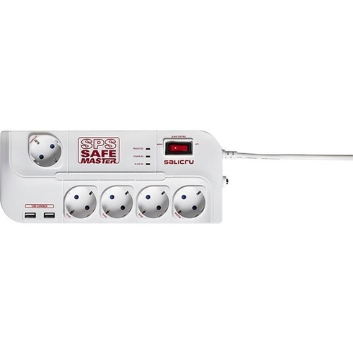 Salicru SPS SAFE 5+ Power Strip - 5 x Schuko, 2 x USB - 1.50 m Cord - 306 J Surge Energy - 10 A Current - 230 V AC Voltage