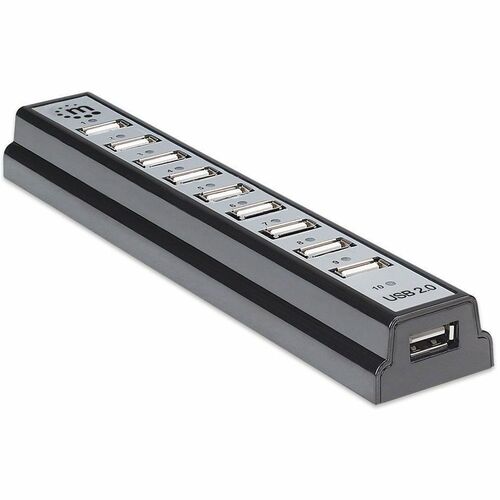 USB-A 10-Port Desktop Hub, 10x USB-A Ports, 480 Mbps (USB 2.0), Bus or AC Power, Hi-Speed USB, Black, Three Year Warranty 