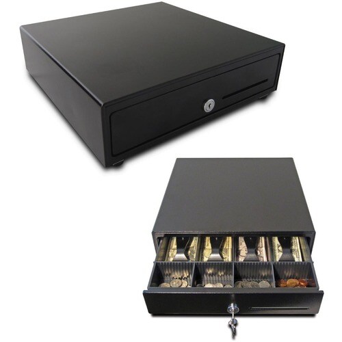 APG Cash Drawer Vasario 13 x 13 inch Cash Drawer - 4 Bill x 4 Coin - Single Media Slot, Painted Front - Black - 4 Lock Pos