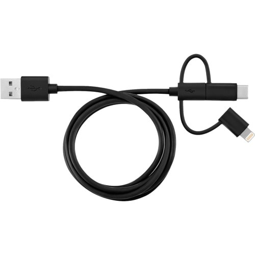 V7 Black USB Cable USB 2.0 A Male to Micro USB Male, Lightning Male, USB-C Male 1m 3.3ft