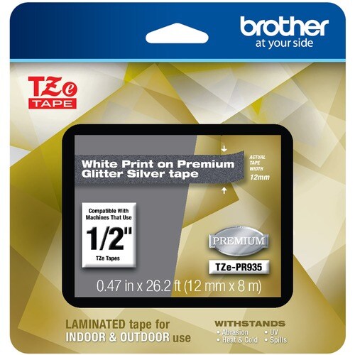 Brother TZe Premium Multipurpose Label - 12 mm Width - Rectangle - Premium Glitter Silver