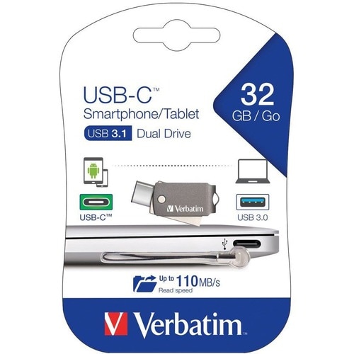 Verbatim USB-C Smartphone/Tablet Dual USB Drive - 32 GB - USB 3.1 Type C, USB 3.0 - 110 MB/s Read Speed - 20 MB/s Write Sp