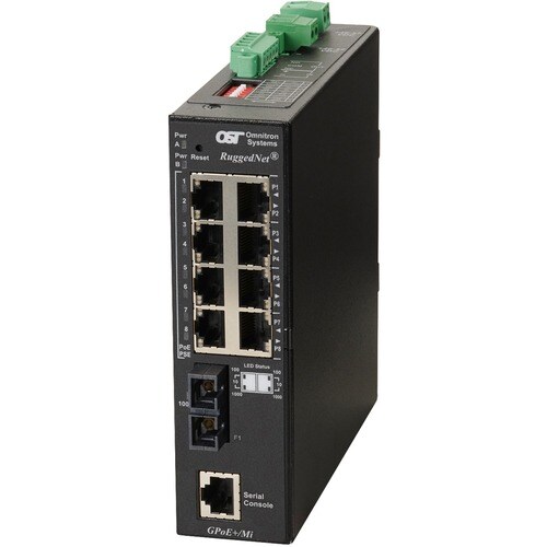 Omnitron Systems RuggedNet Managed Industrial Gigabit PoE+, MM SC, RJ-45, Ethernet Fiber Switch - 8 x 10/100/1000BASE-T, 1