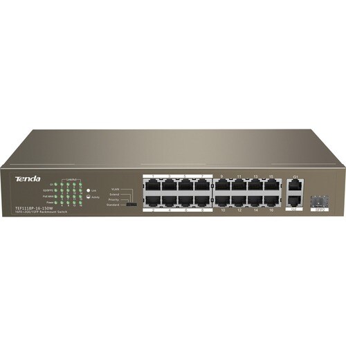 Tenda 16FE+2GE/1SFP Desktop Switch With 16-Port PoE - 16 Ports - Fast Ethernet, Gigabit Ethernet - 10/100Base-TX, 10/100/1