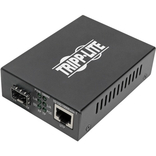 Tripp Lite Gigabit SFP Fiber to Ethernet Media Converter, POE+ - 10/100/1000 Mbps - 1 x Network (RJ-45) - Single-mode - Gi