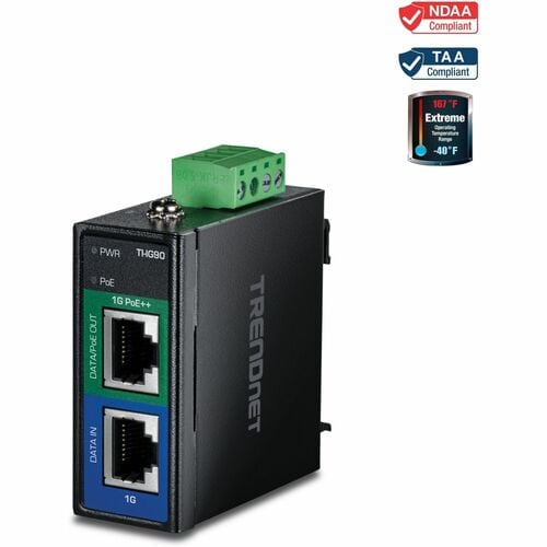TRENDnet Industrial 95W Gigabit PoE++ Injector, TI-IG90, 1 x Gigabit Port, 1 x Gigabit PoE++ Port, Provides PoE (15.4W), P