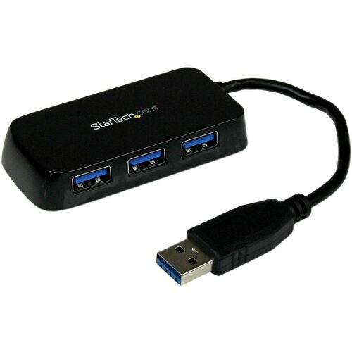 PORTABLE 4 PORT SUPERSPEED MINI USB 3.0 HUB (BLACK) - FOUR PORT MINI USB HUB - EXTERNAL USB 3 HUB WITH BUILT-IN CABLE