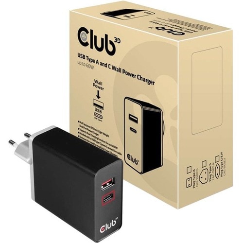 Club 3D USB Type A and C Dual Power Charger up to 60W - 60 W - 5 V DC, 12 V DC, 9 V DC, 15 V DC, 20 V DC Output - 3 A