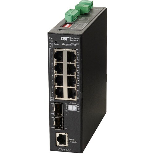Omnitron Systems RuggedNet Managed Industrial Gigabit PoE+, 2xSFP, RJ-45, Ethernet Fiber Switch - 8 x 10/100/1000BASE-T, 2