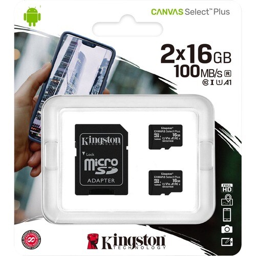 Kingston Canvas Select Plus 16 GB Class 10/UHS-I (U1) microSDHC - 2 Pack - 100 MB/s Read - Lifetime Warranty