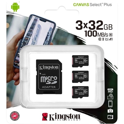 Kingston Canvas Select Plus SDCS2 32 GB Class 10/UHS-I (U1) microSDHC - 3 Pack - 100 MB/s Read - Lifetime Warranty