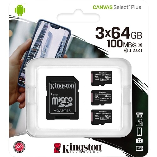 Kingston Canvas Select Plus SDCS2 64 GB Class 10/UHS-I (U1) microSDXC - 3 Pack - 100 MB/s Read - Lifetime Warranty