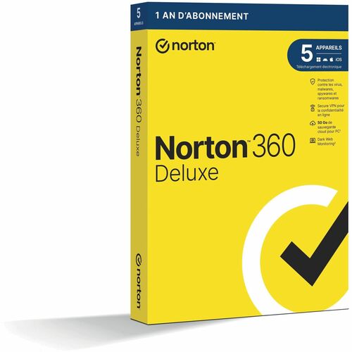 Norton Norton™ 360 Deluxe - 5 Appareils - Secure VPN - Sauvegarde cloud pour PC 50 Go - Dark web monitoring - Contrôle par