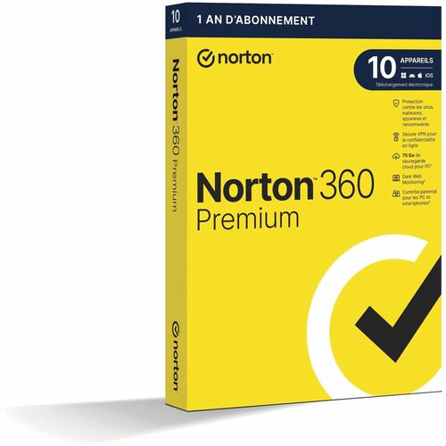 Norton 360 Premium - 10 Appareils - Secure VPN - Sauvegarde cloud pour PC 75 Go - Dark web monitoring - Contrôle parental 