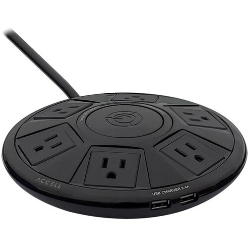 Accell Power Air - Surge Protector and USB Charging Station - Black, 6 ft (1.8 m) - 6 x AC Power, 2 x USB - 1800 VA - 1080