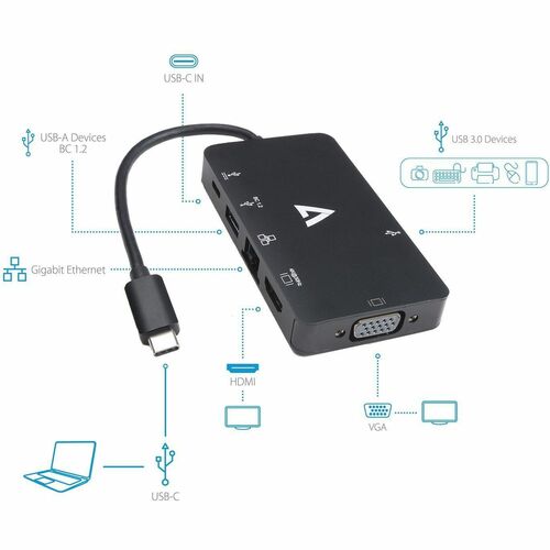 V7 V7UC-U3CRJ45HDVG-BLK USB Type C Docking Station for Desktop PC - 100 W - Black - 4 x USB Ports - 2 x USB 3.0 - USB Type