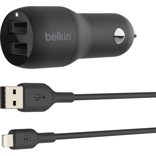 Belkin BoostCharge Dual USB-A Car Charger 24W + USB-A to Lightning Cable - 24 W - 1.01 m Cable - 12 V DC Input - 5 V DC Ou