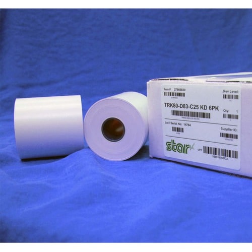 Star Micronics Linerless Label Paper for TSP654SK - 80mm Width, 170 ft Length, 6 Rolls/Case, Linerless Label, Blue Core CA