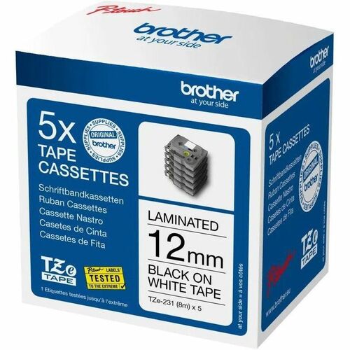 TZE231 LAMINATED TAPES 12MM 8M BLACK ON WHITE BACKGROUND (5 PAC