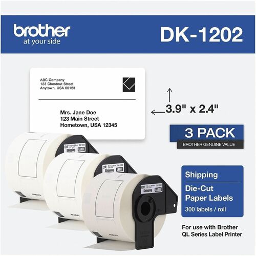 Brother DK Address Label - 2 2/5" Width x 3 29/32" Length - Rectangle - Thermal - White - Paper - 300 / Roll - 3 / Pack