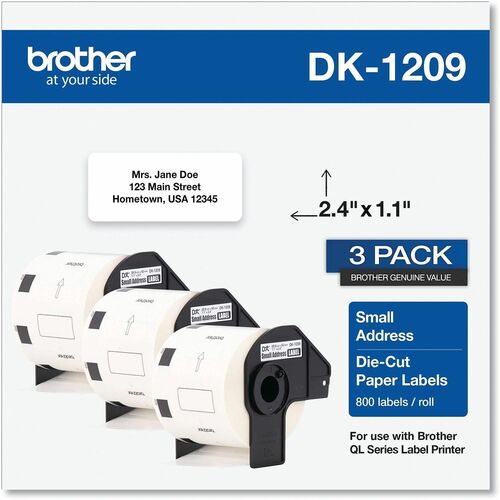 Brother DK Address Label - 2 2/5" Width x 1 1/10" Length - Rectangle - Thermal - Paper - 800 / Roll - 3 / Roll